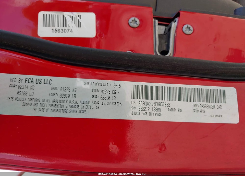 2015 DODGE CHARGER VIN: 2C3CDXHG5FH857662