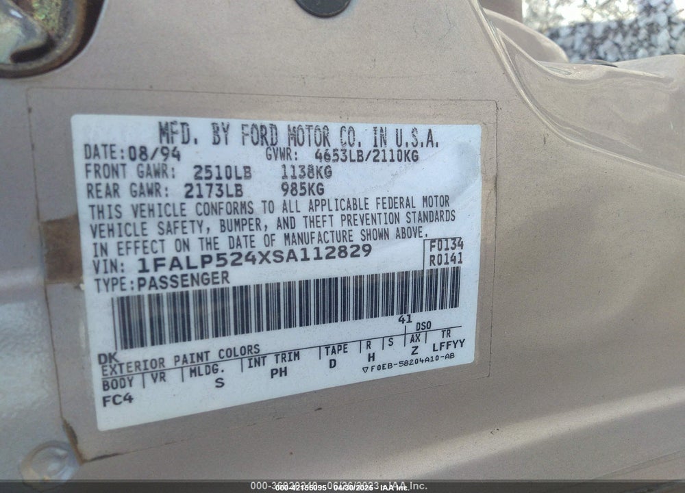 1995 FORD TAURUS GL/SE VIN: 1FALP524XSA112829