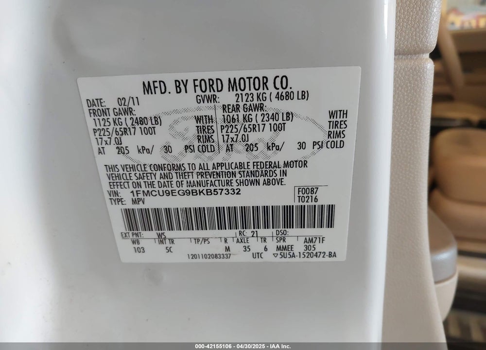 2011 FORD ESCAPE VIN: 1FMCU9EG9BKB57332