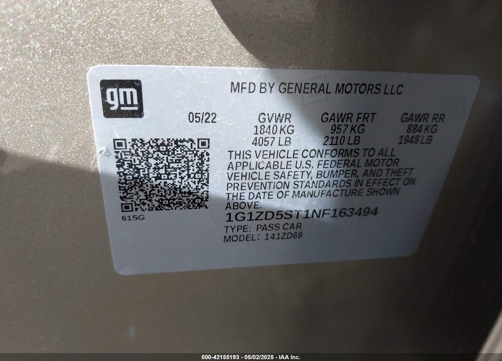 2022 CHEVROLET MALIBU VIN: 1G1ZD5ST1NF163494