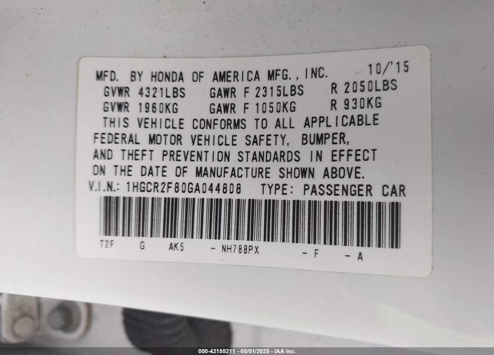 2016 HONDA ACCORD VIN: 1HGCR2F80GA044808