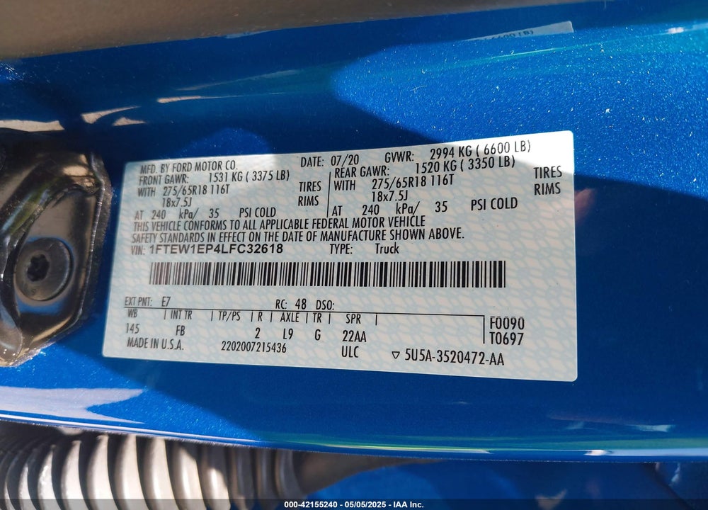 2020 FORD F-150 VIN: 1FTEW1EP4LFC32618