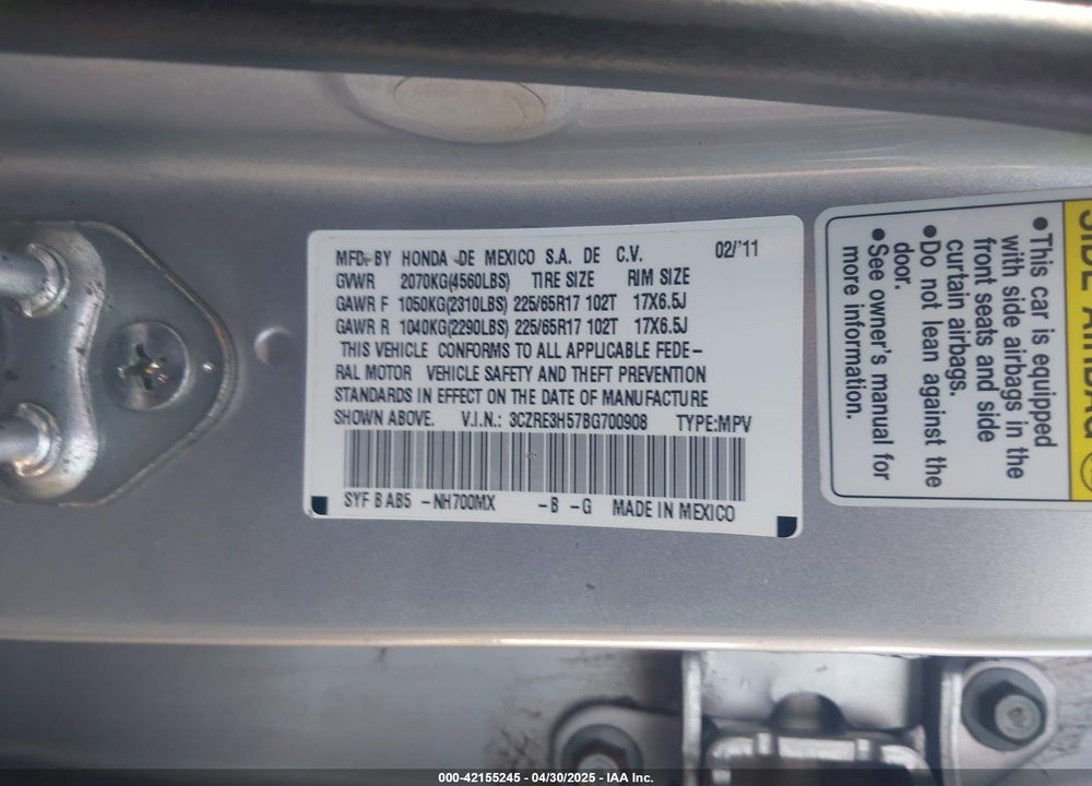 2011 HONDA CR-V VIN: 3CZRE3H57BG700908