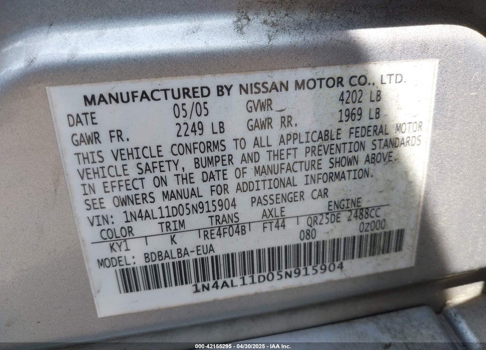 2005 NISSAN ALTIMA 2.5 S VIN: 1N4AL11D05N915904