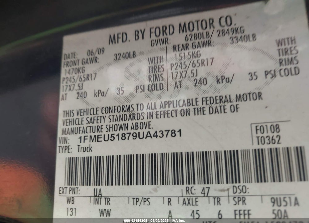 2009 FORD EXPLORER SPORT TRAC VIN: 1FMEU51879UA43781