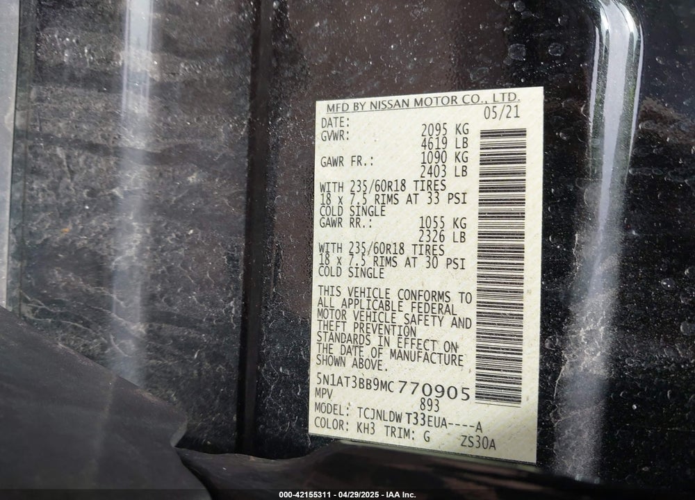 2021 NISSAN ROGUE SV INTELLIGENT AWD VIN: 5N1AT3BB9MC770905