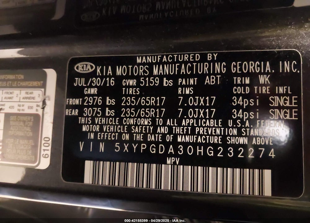 2017 KIA SORENTO VIN: 5XYPGDA30HG232274