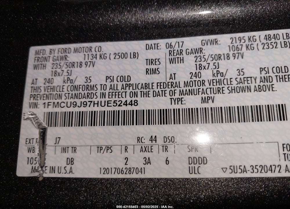 2017 FORD ESCAPE TITANIUM VIN: 1FMCU9J97HUE52448