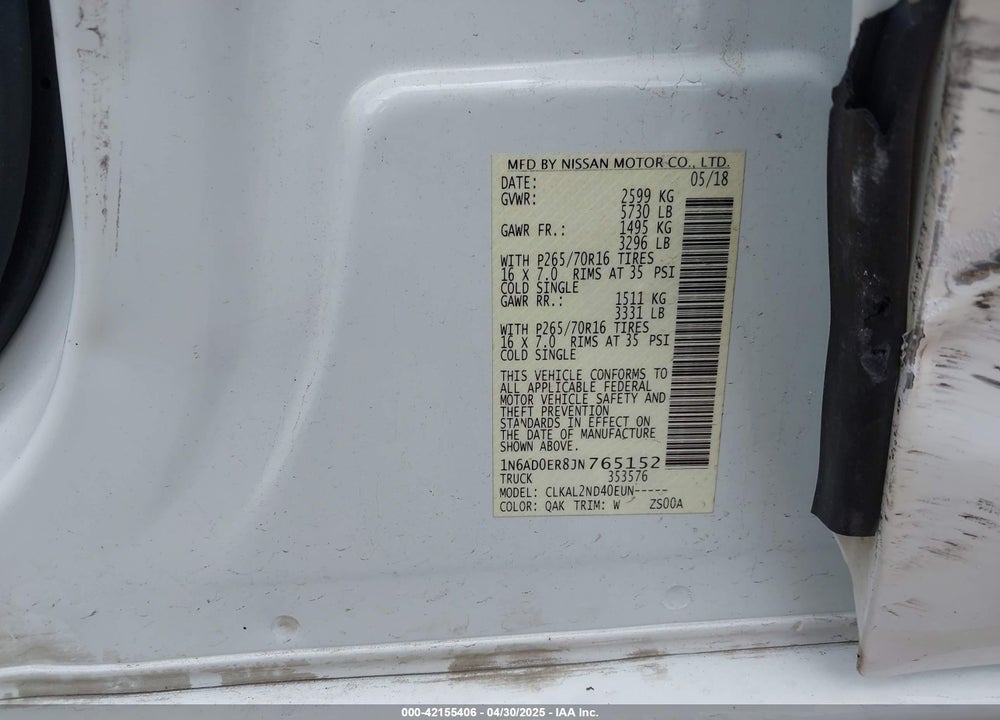 2018 NISSAN FRONTIER VIN: 1N6AD0ER8JN765152