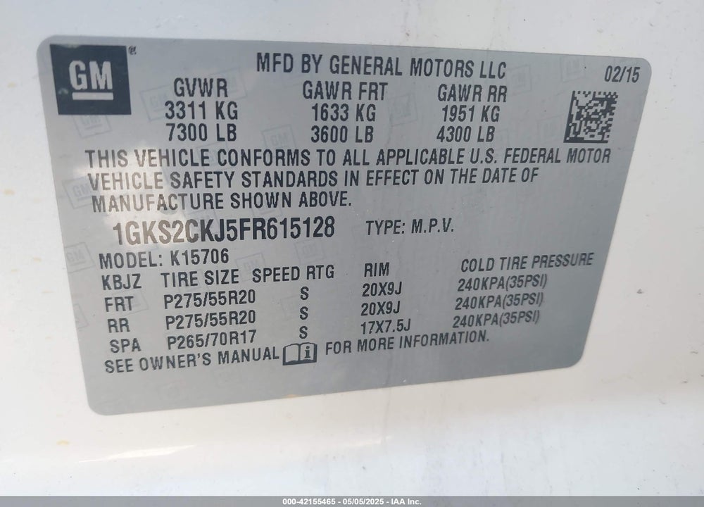 2015 GMC YUKON VIN: 1GKS2CKJ5FR615128
