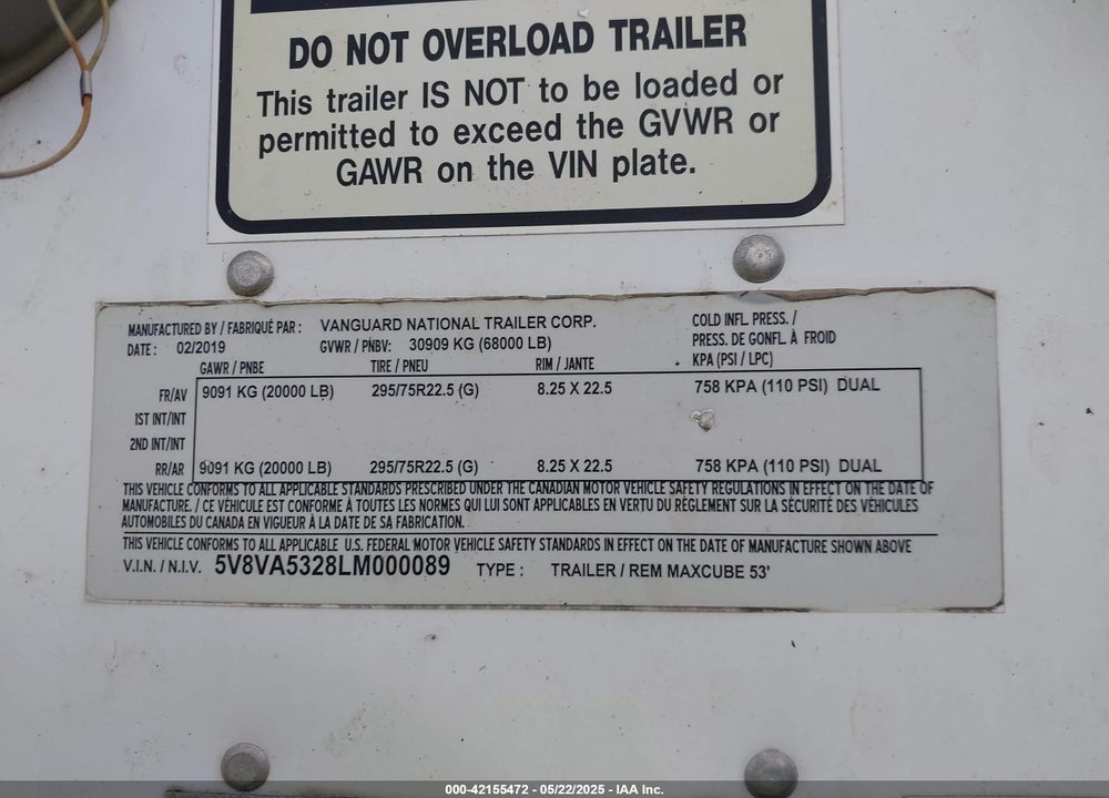 2020 VANGUARD NATIONAL TRAILER --- VIN: 5V8VA5328LM000089