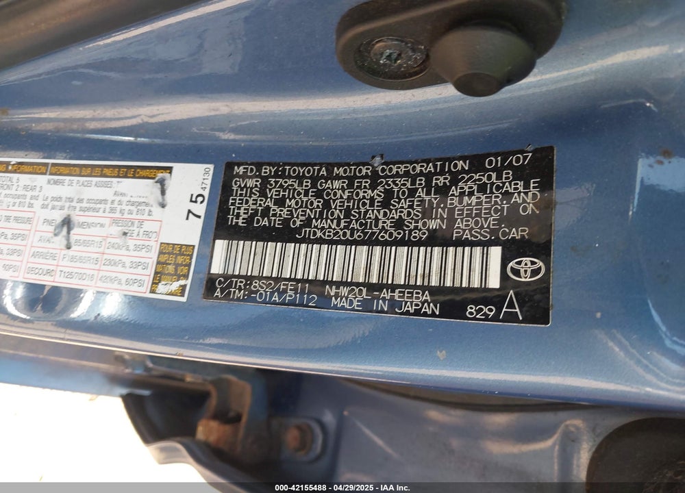 2007 TOYOTA PRIUS VIN: JTDKB20U677609189
