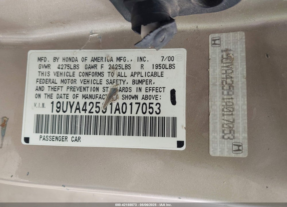 2001 ACURA CL 3.2 VIN: 19UYA42591A017053