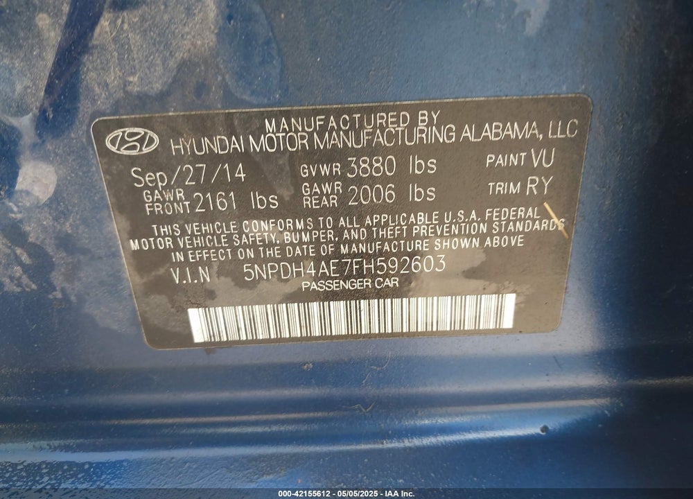 2015 HYUNDAI ELANTRA VIN: 5NPDH4AE7FH592603