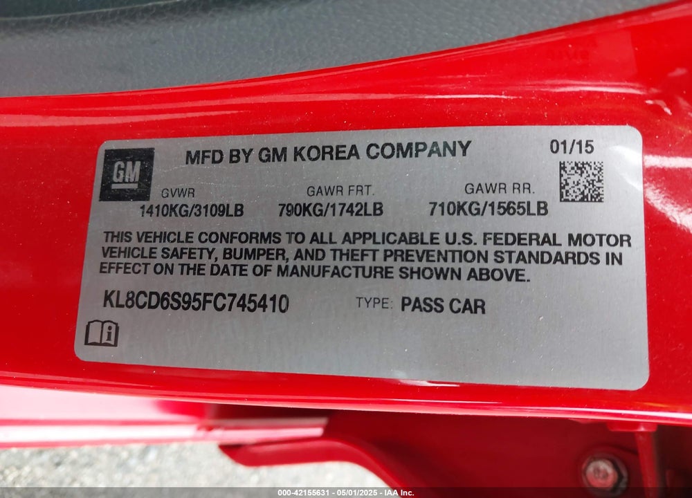 2015 CHEVROLET SPARK 1LT CVT VIN: KL8CD6S95FC745410