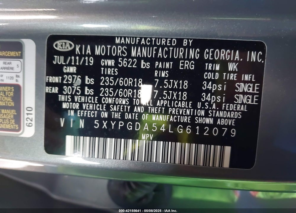 2020 KIA SORENTO 3.3L LX VIN: 5XYPGDA54LG612079