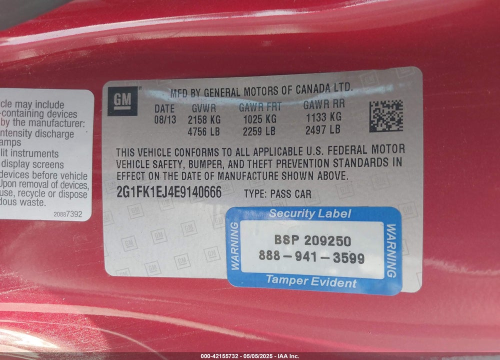 2014 CHEVROLET CAMARO VIN: 2G1FK1EJ4E9140666