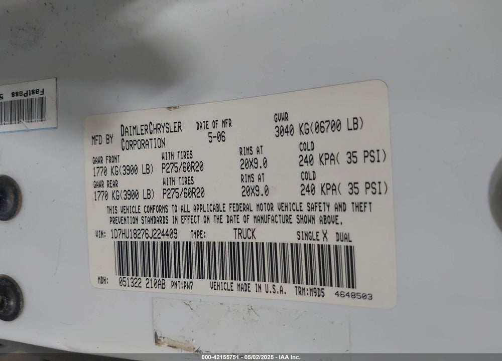 2006 DODGE RAM 1500 VIN: 1D7HU18276J224409