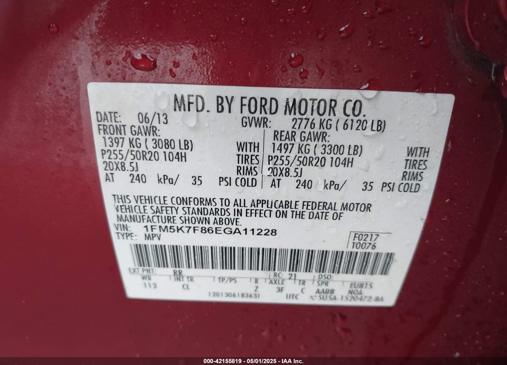 2014 FORD EXPLORER VIN: 1FM5K7F86EGA11228