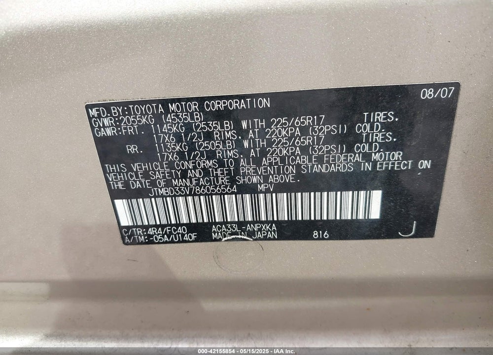 2008 TOYOTA RAV4 VIN: JTMBD33V786056564