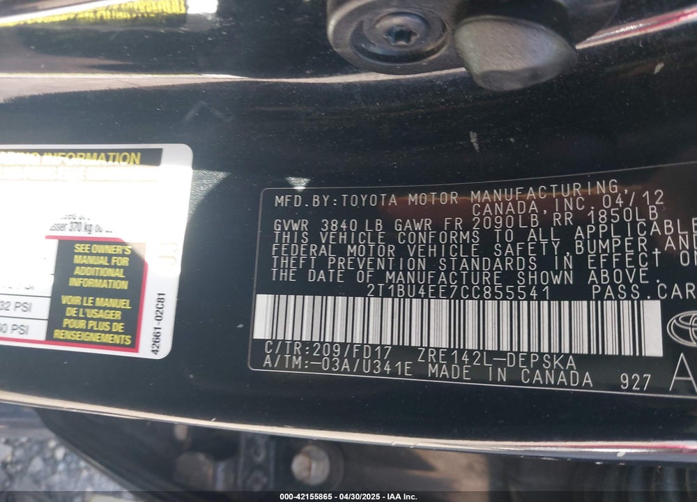 2012 TOYOTA COROLLA VIN: 2T1BU4EE7CC855541