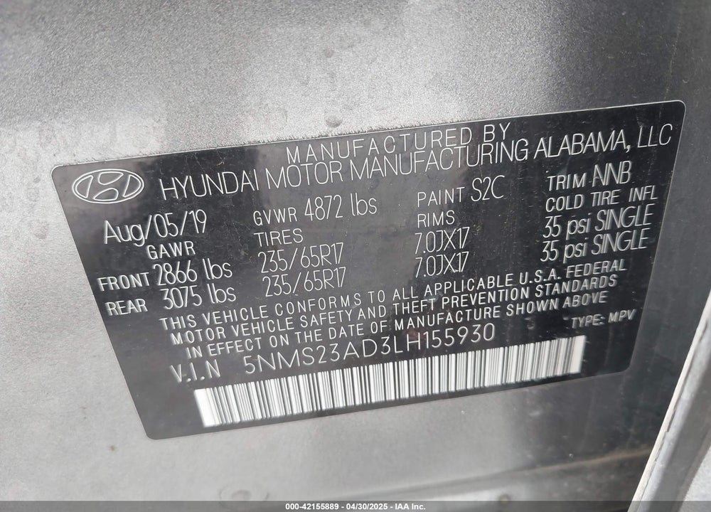 2020 HYUNDAI SANTA FE VIN: 5NMS23AD3LH155930