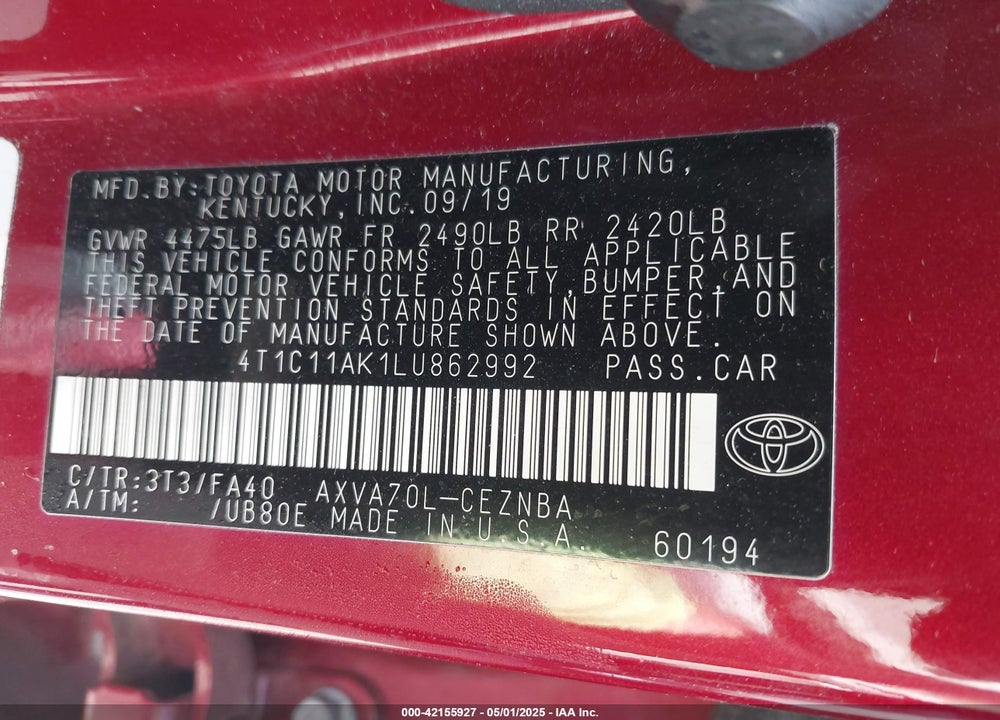 2020 TOYOTA CAMRY VIN: 4T1C11AK1LU862992