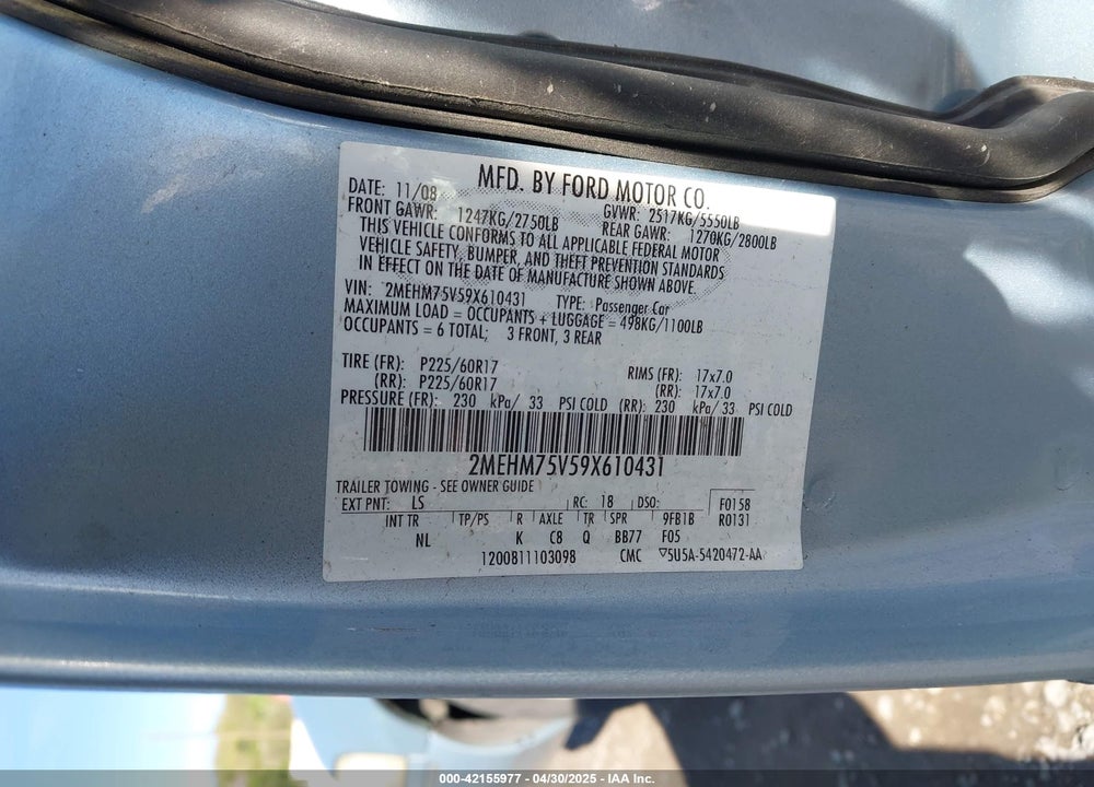 2009 MERCURY GRAND MARQUIS LS (FLEET ONLY) VIN: 2MEHM75V59X610431