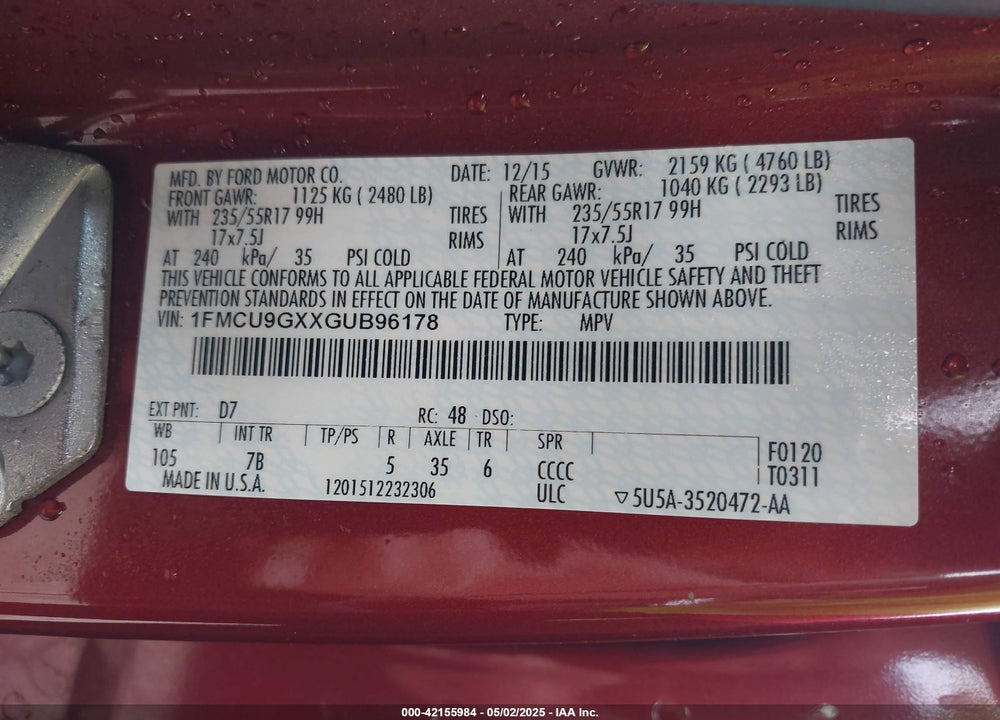 2016 FORD ESCAPE SE VIN: 1FMCU9GXXGUB96178