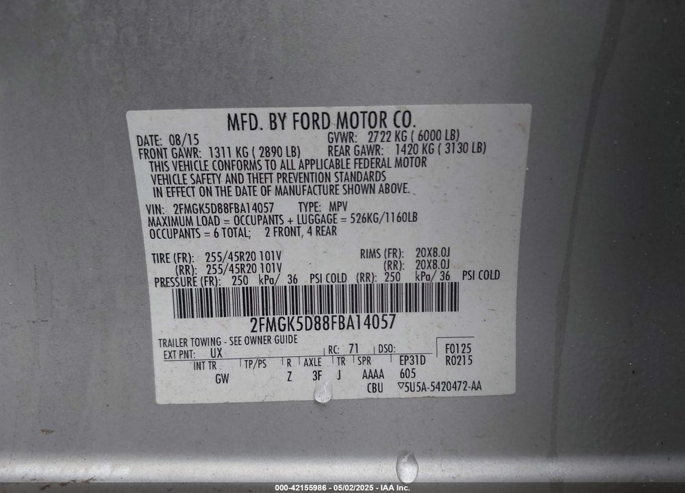 2015 FORD FLEX VIN: 2FMGK5D88FBA14057