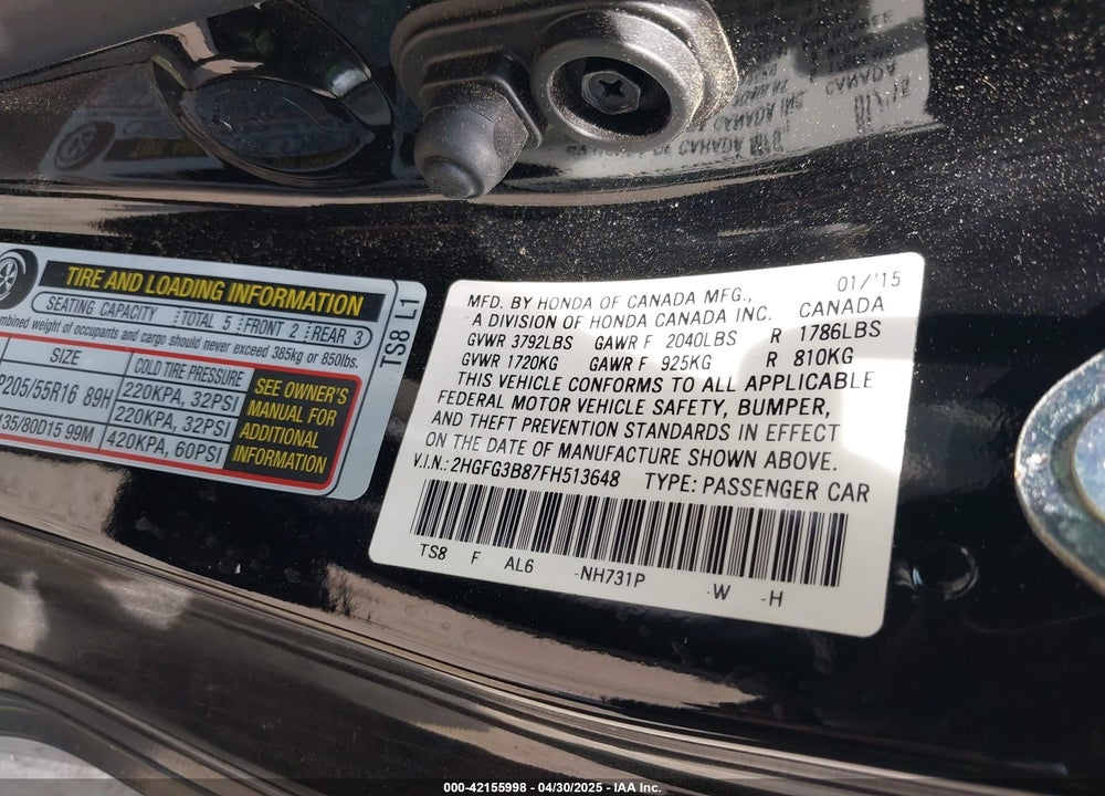 2015 HONDA CIVIC VIN: 2HGFG3B87FH513648