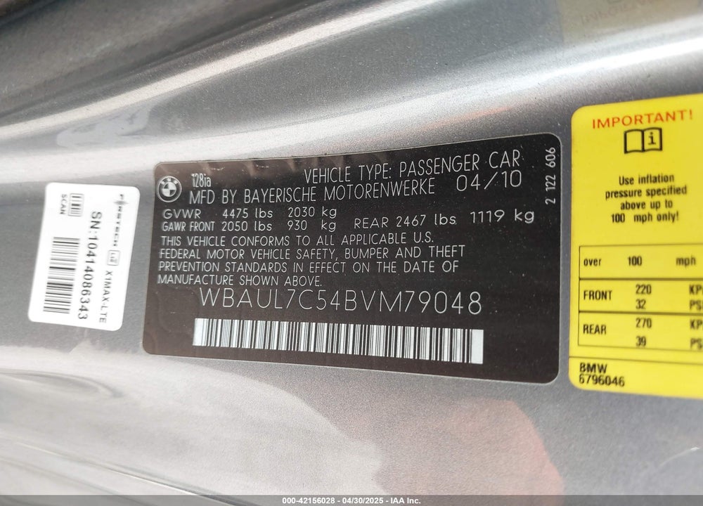 2011 BMW 128I VIN: WBAUL7C54BVM79048