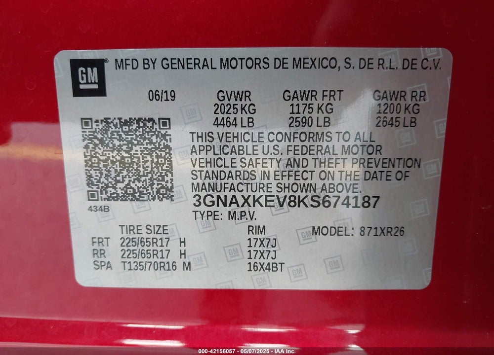 2019 CHEVROLET EQUINOX VIN: 3GNAXKEV8KS674187