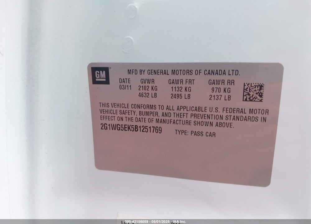 2011 CHEVROLET IMPALA VIN: 2G1WG5EK5B1251769