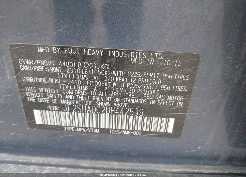2013 SUBARU FORESTER VIN: JF2SHADC2DH442539
