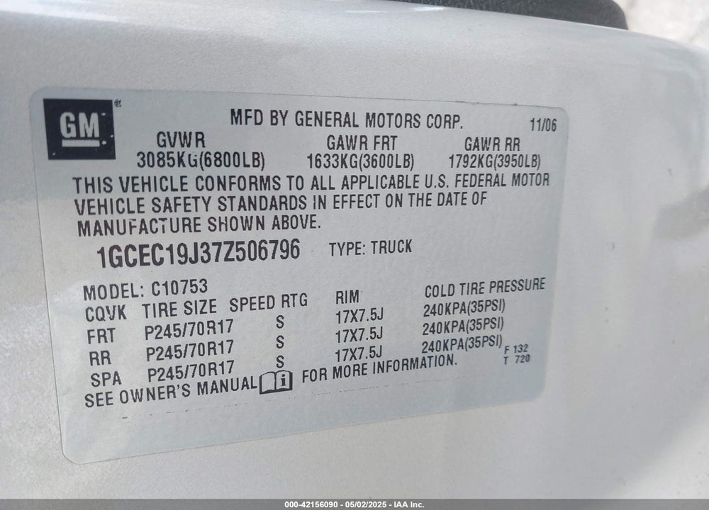 2007 CHEVROLET SILVERADO 1500 LT1 VIN: 1GCEC19J37Z506796