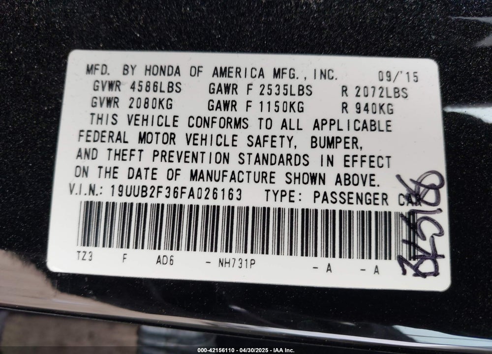 2015 ACURA TLX V6 VIN: 19UUB2F36FA026163