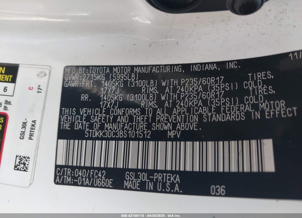2011 TOYOTA SIENNA LE V6 VIN: 5TDKK3DC3BS101512