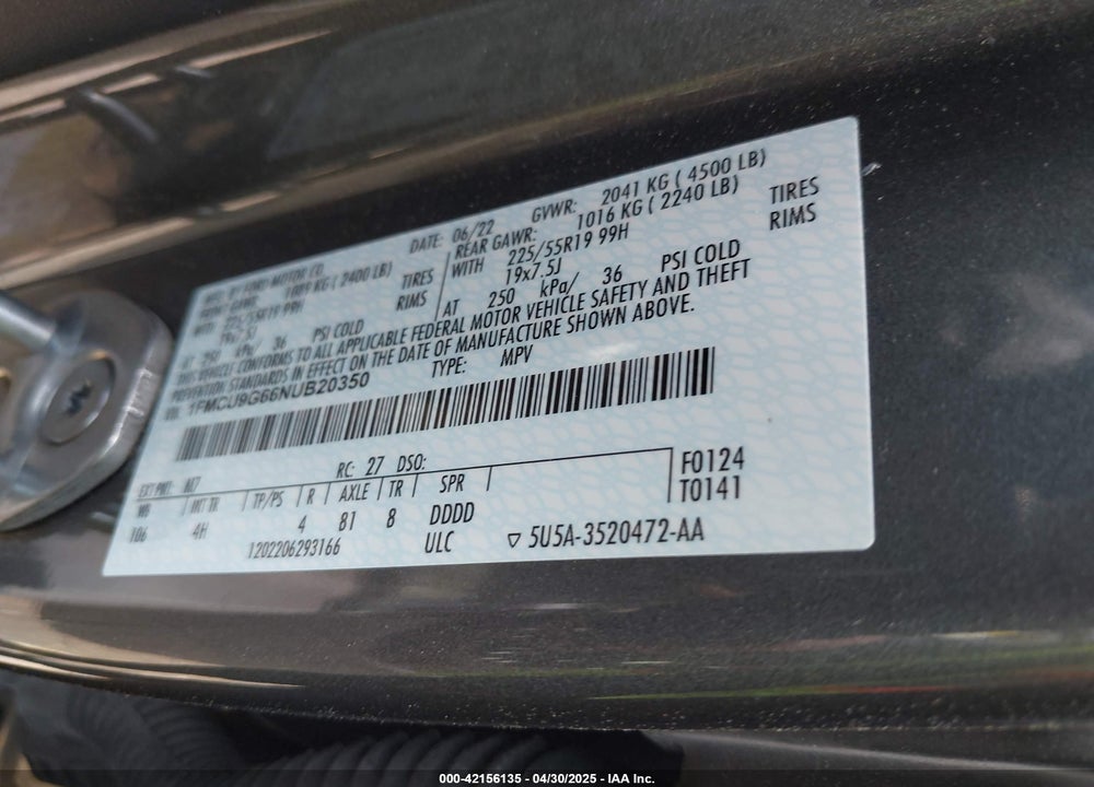 2022 FORD ESCAPE SE VIN: 1FMCU9G66NUB20350