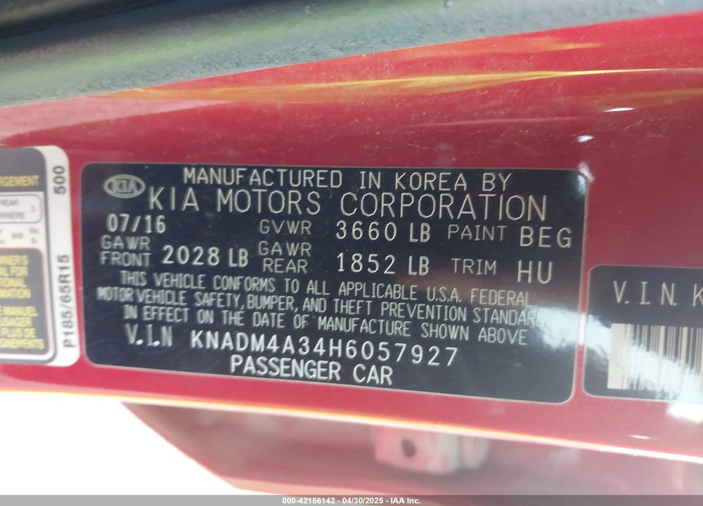 2017 KIA RIO VIN: KNADM4A34H6057927