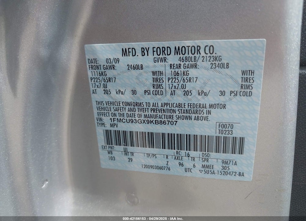 2009 FORD ESCAPE VIN: 1FMCU93GX9KB86707
