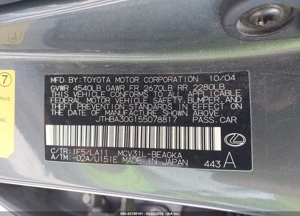 2005 LEXUS ES 330 VIN: JTHBA30G155078817