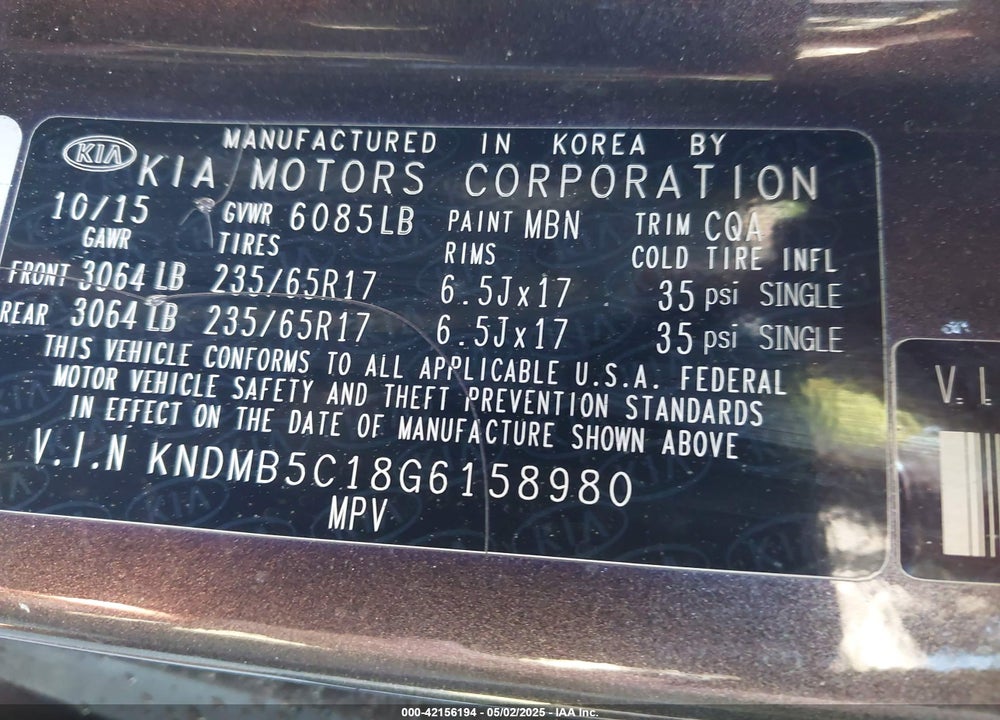 2016 KIA SEDONA VIN: KNDMB5C18G6158980