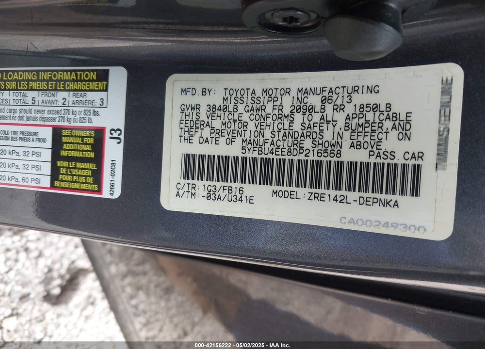 2013 TOYOTA COROLLA VIN: 5YFBU4EE8DP216568