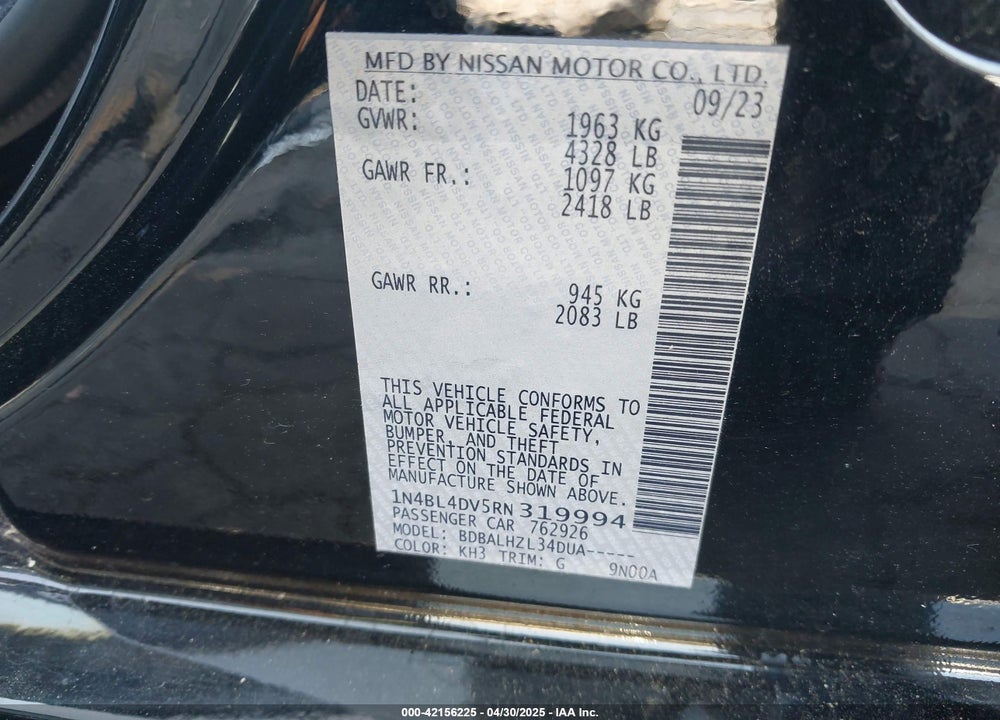 2024 NISSAN ALTIMA VIN: 1N4BL4DV5RN319994