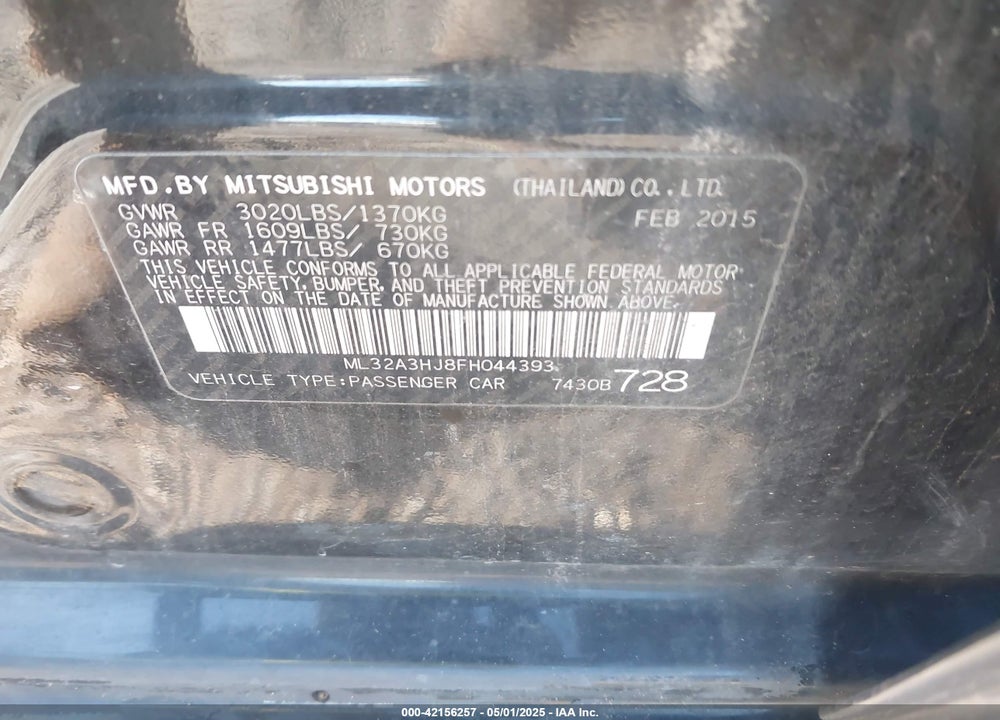 2015 MITSUBISHI MIRAGE DE VIN: ML32A3HJ8FH044393