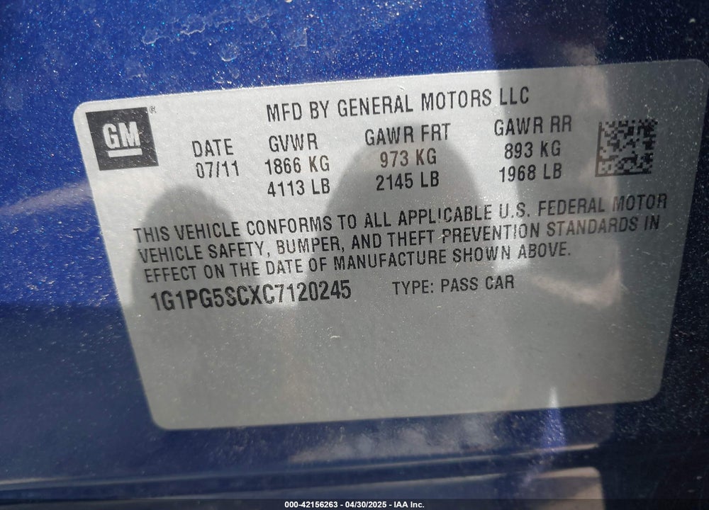 2012 CHEVROLET CRUZE VIN: 1G1PG5SCXC7120245