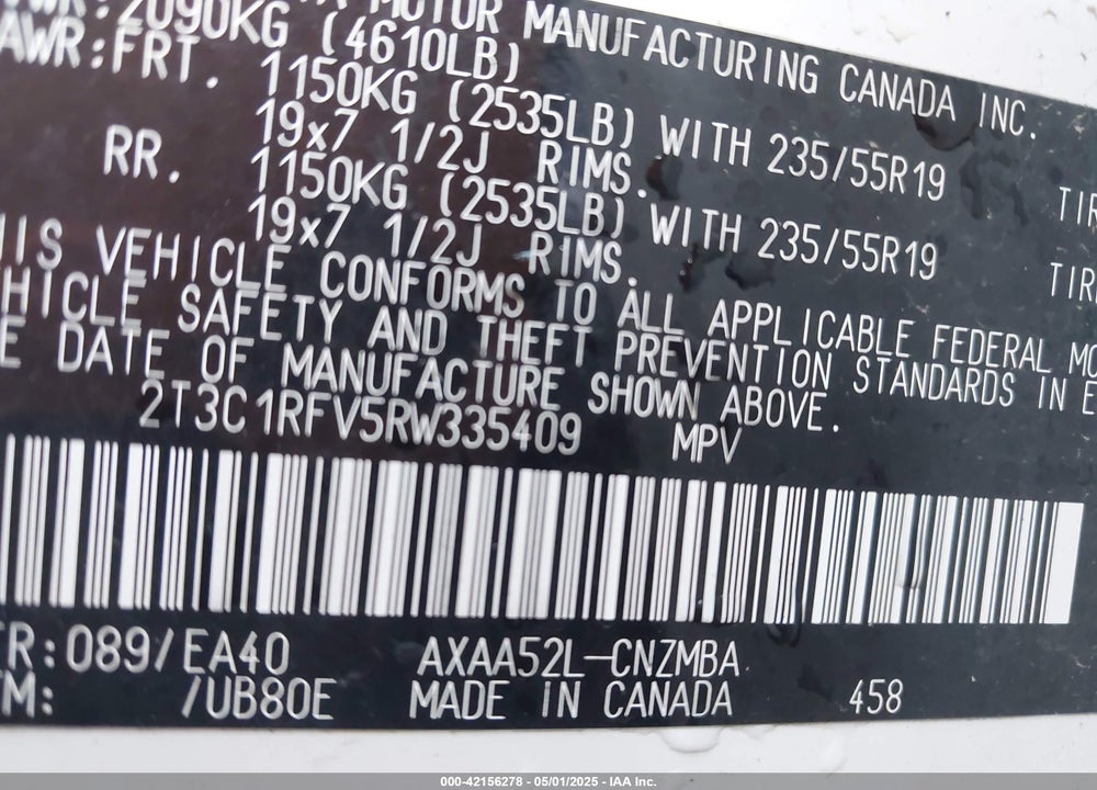 2024 TOYOTA RAV4 VIN: 2T3C1RFV5RW335409