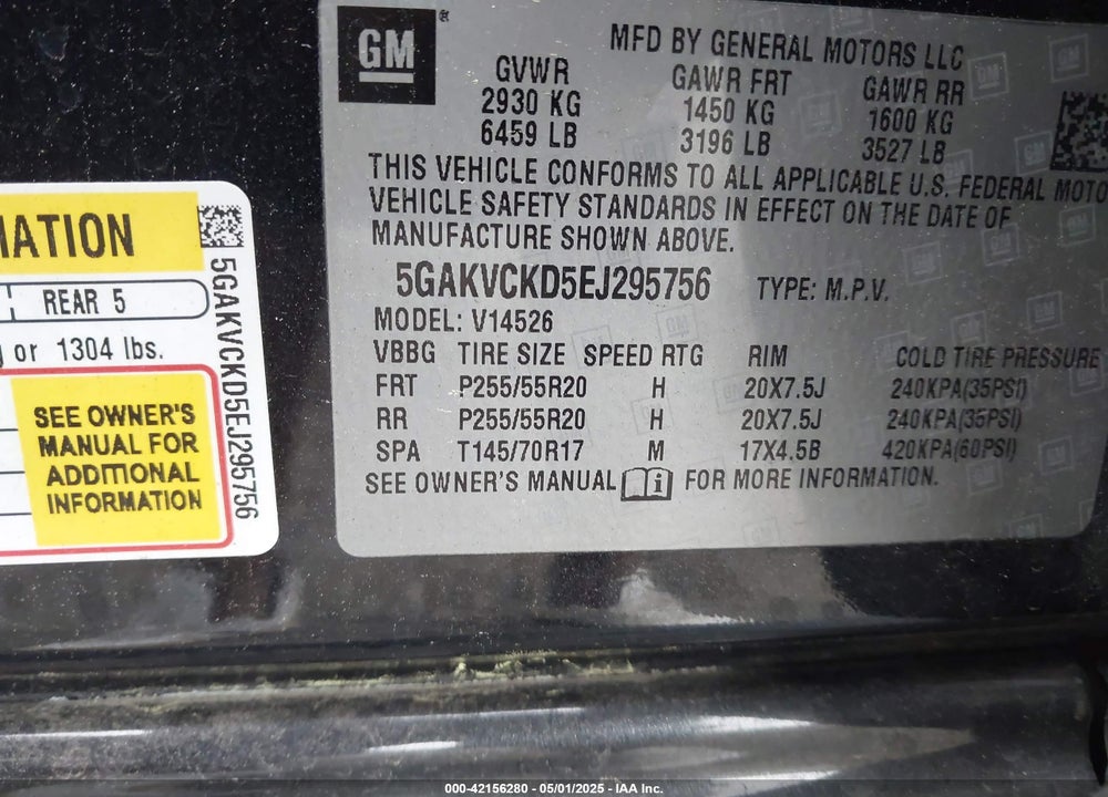 2014 BUICK ENCLAVE PREMIUM VIN: 5GAKVCKD5EJ295756
