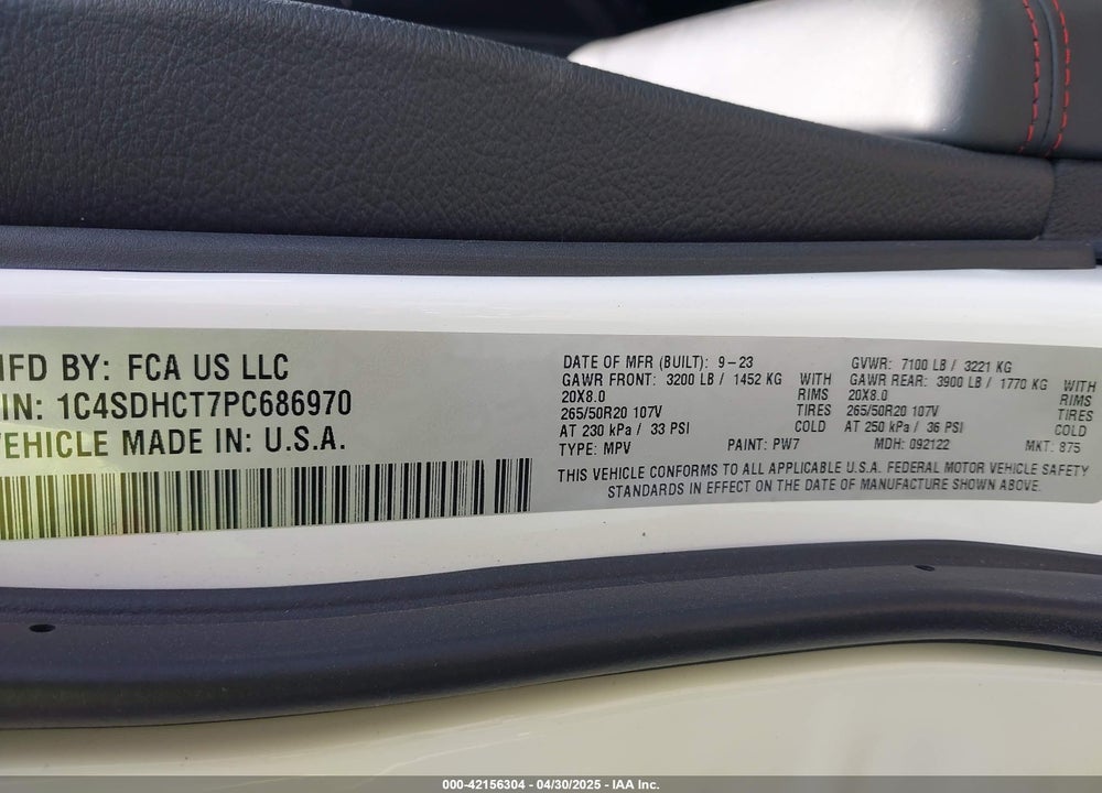 2023 DODGE DURANGO VIN: 1C4SDHCT7PC686970